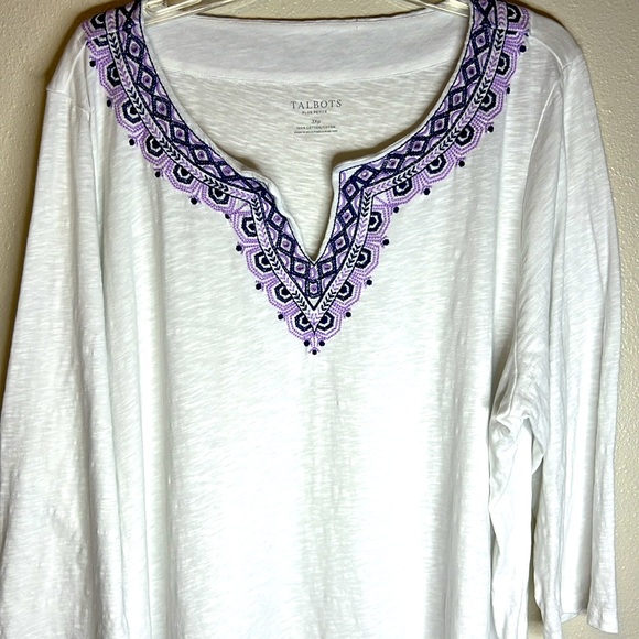 Talbots Tops - Talbots Embroidered V Neck Top Size 3X Petite White 3/4 Sleeve‎ Boho Cotton